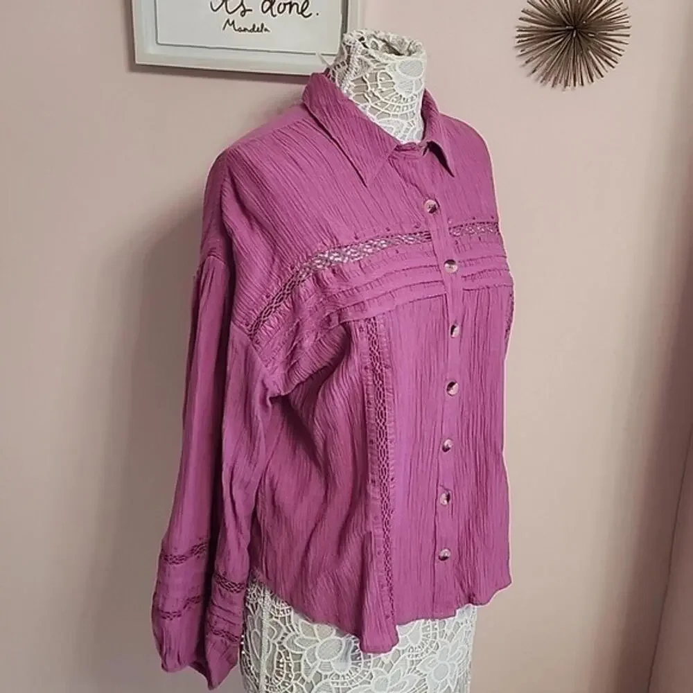 Free People pink crinkle top blouse OB938708 Summer Stars Button Down L